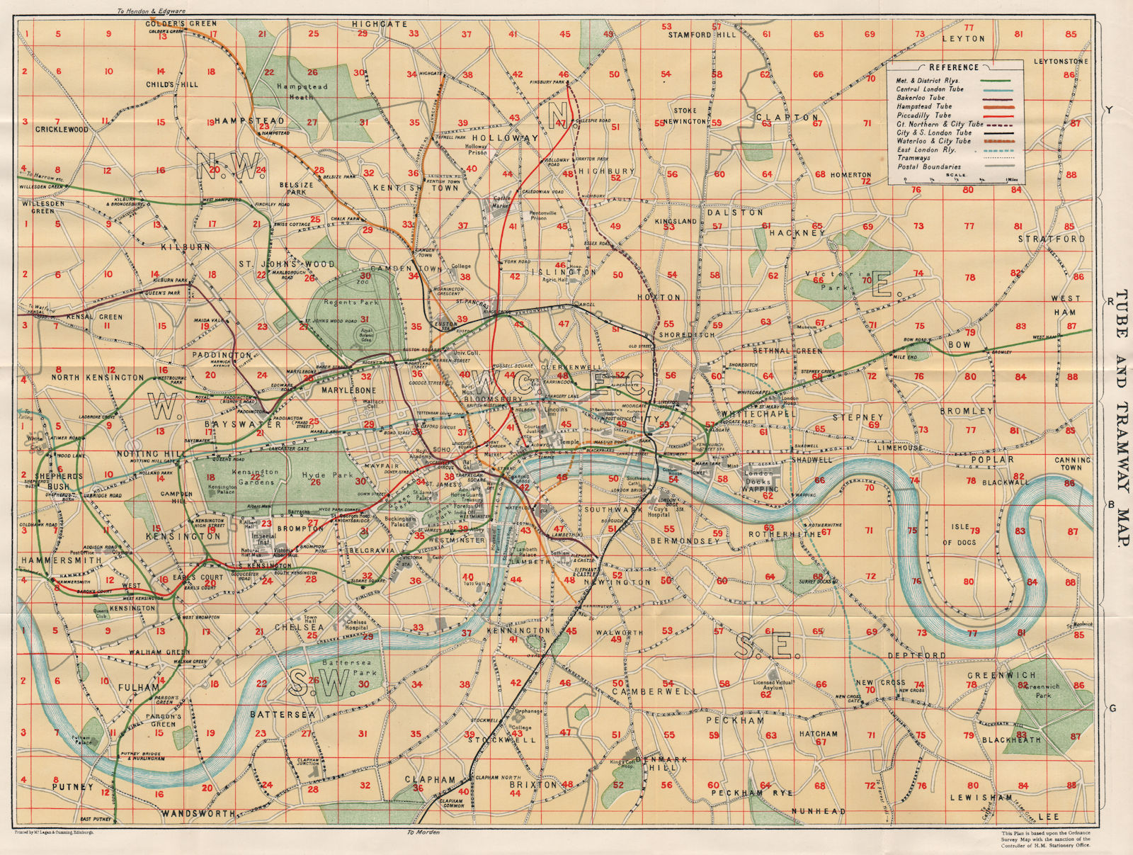LONDON TUBE & TRAMWAY MAP. Underground. Postal districts. Vintage map plan 1930